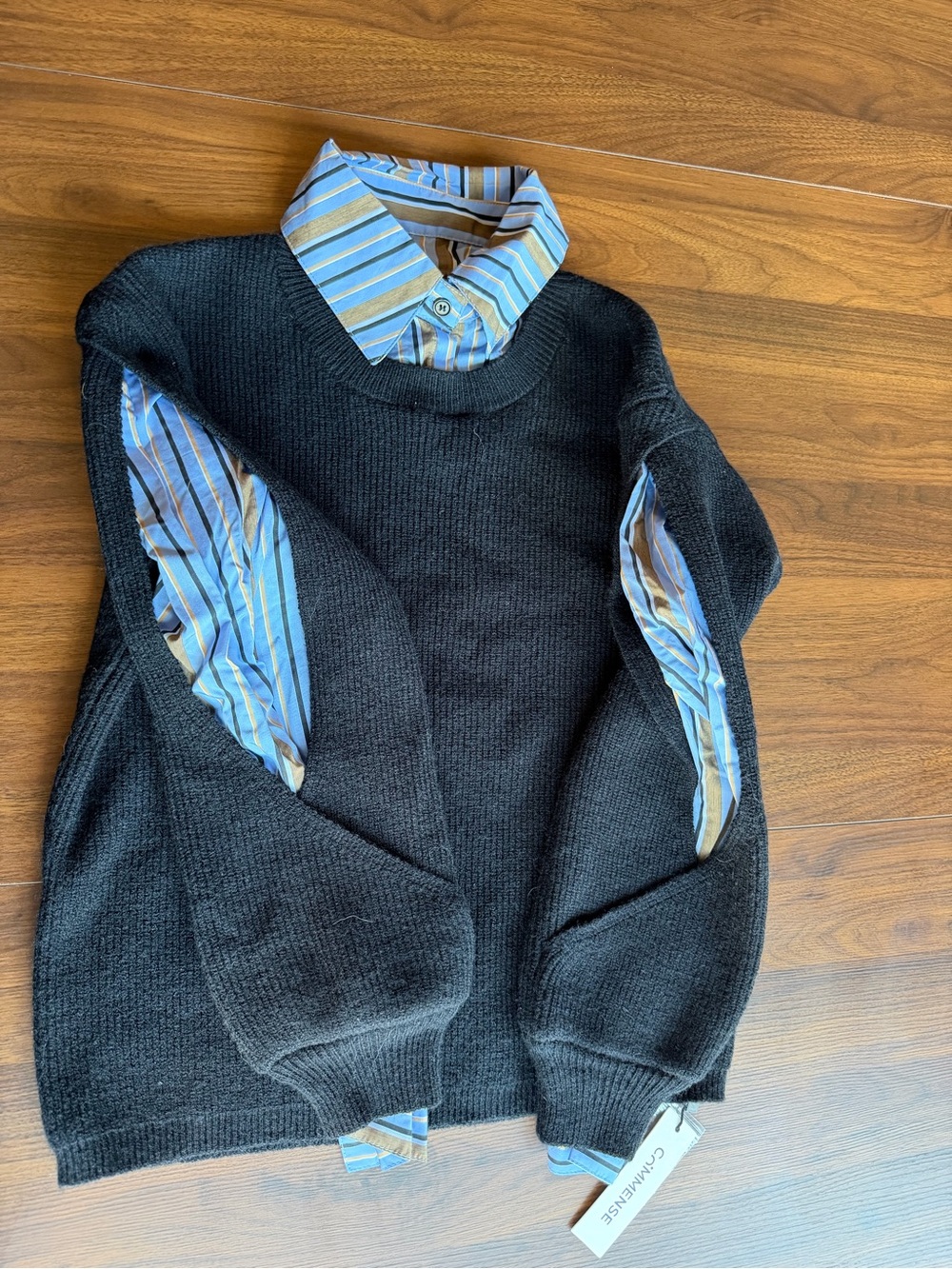 Commense XS Black Layered Sweater w/ Blue Striped Shirt Detail